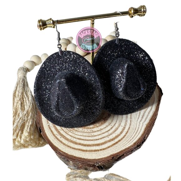 Cowgirl Hat Glitter Dangle Earrings - Picture 2 of 4